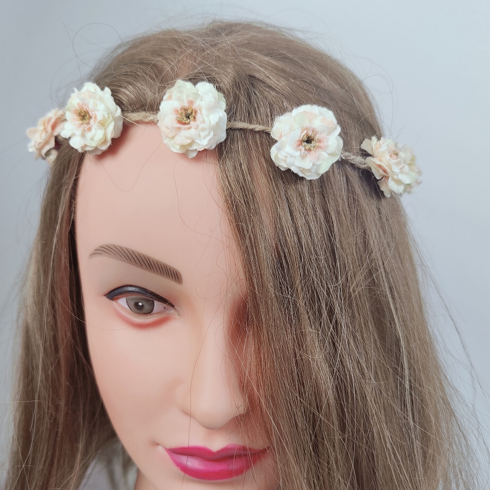 Handmade Peach Wild Roses Flower Crown Hippie Festival Bridal Headband, OS